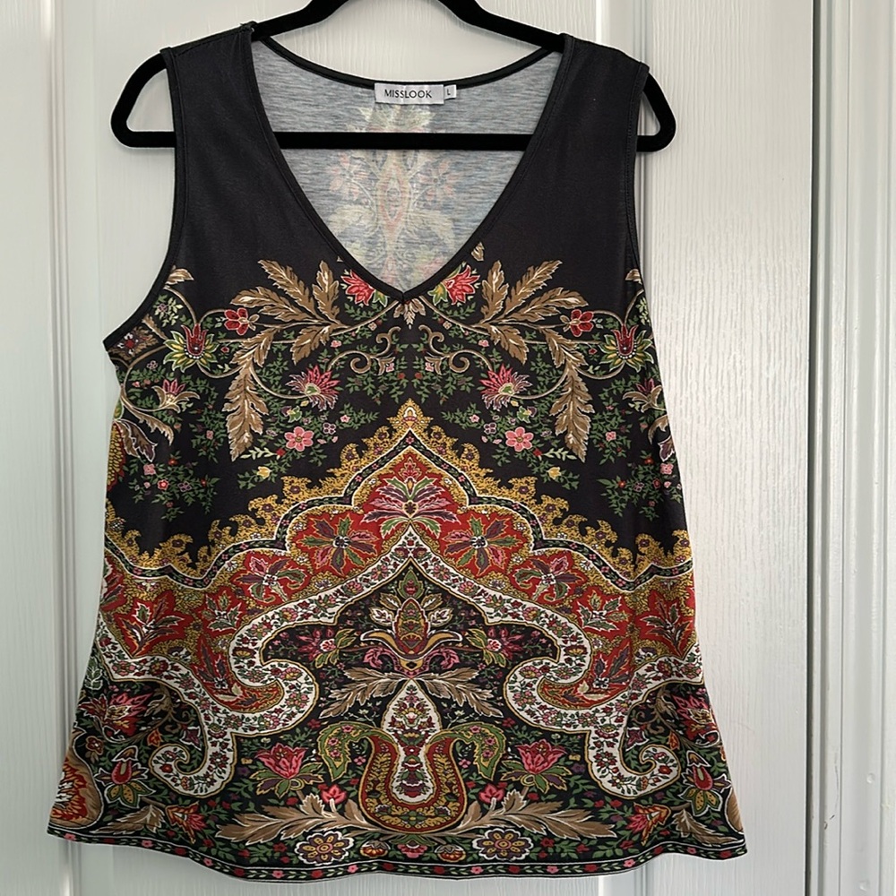 Miss Look, Black multicolor paisley round neck sleeveless tank too, large